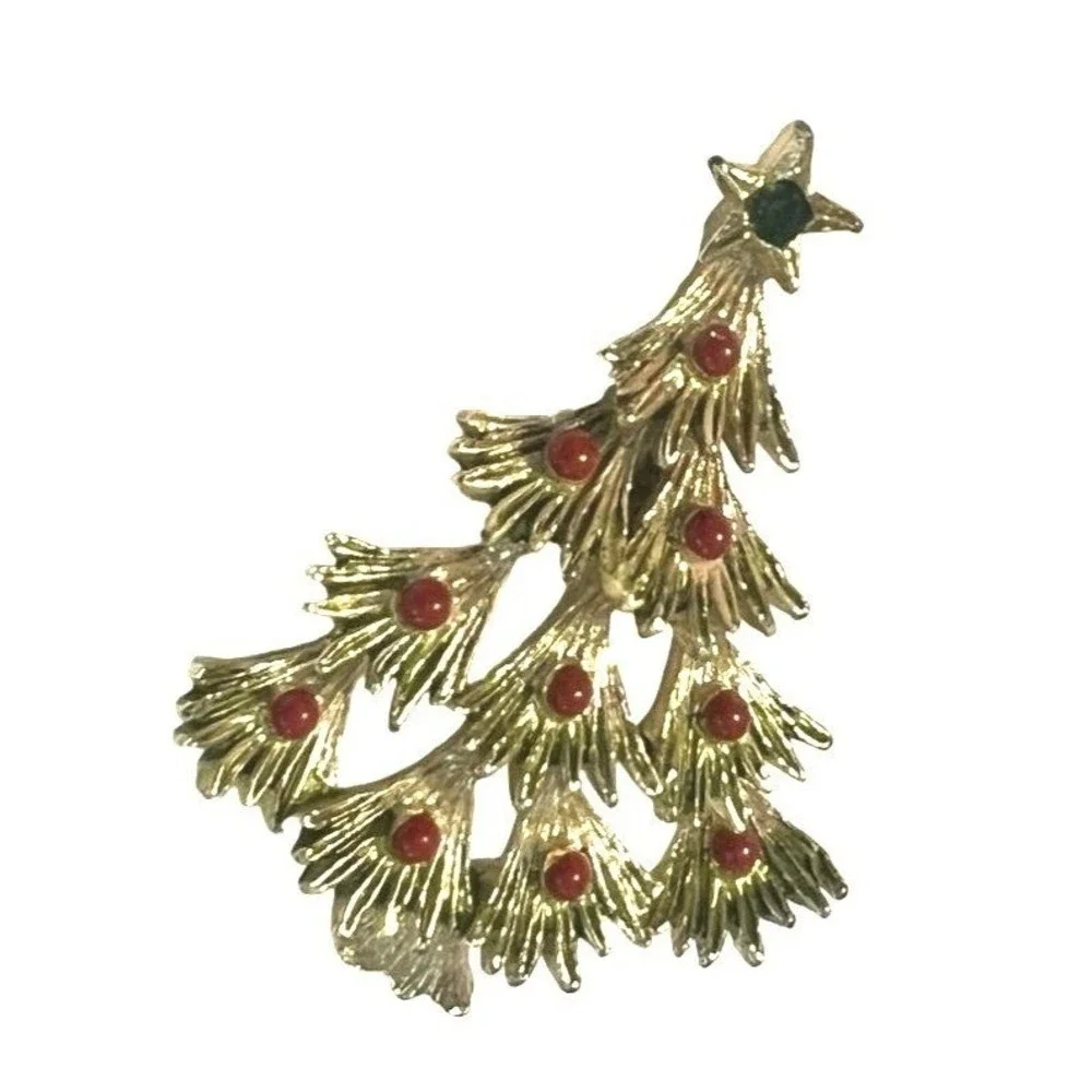 Vintage Gerrys Christmas Tree Brooch Pin Green Rhinestone Star Red Beads‎
